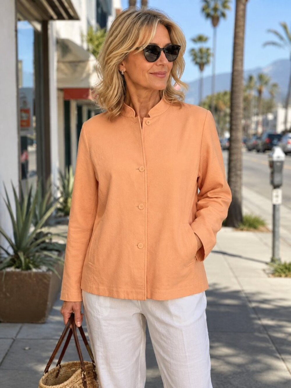 EILEEN FISHER SZ L BLAZER MELON ORANGE TEXTURED COTTON MINIMALIST SUSTAINABLE